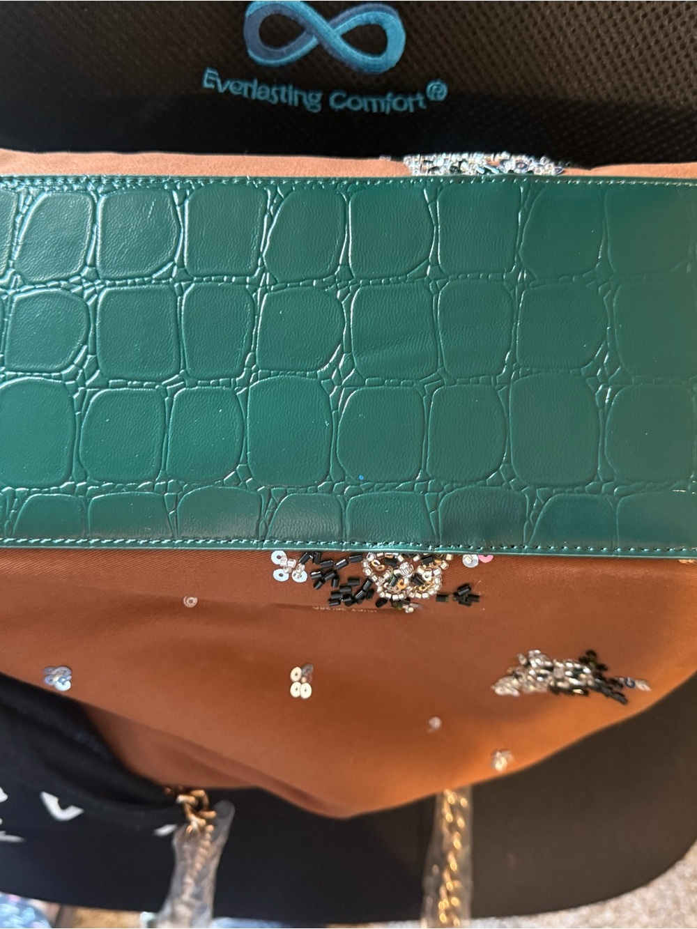 Kurt Geiger Hoxton Shopper Tote Brownwith Dark Green Trim and Gold Chain Handles - Picture 9 of 14